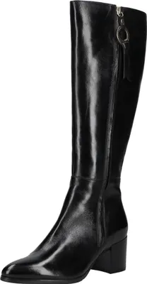 A single black leather boot on a white background.