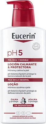 A white bottle of Eucerin pH5 Skin Protection Lotion with a red pump dispenser.