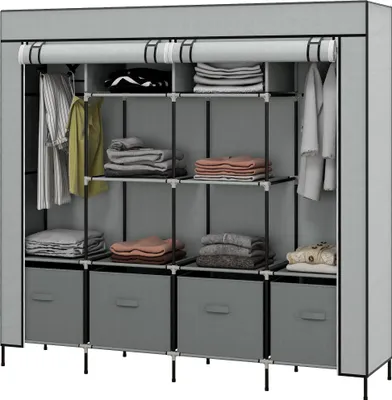 Produktbild von Grauer Stoffschrank mit 2 Kleiderstangen und 10 Fächern