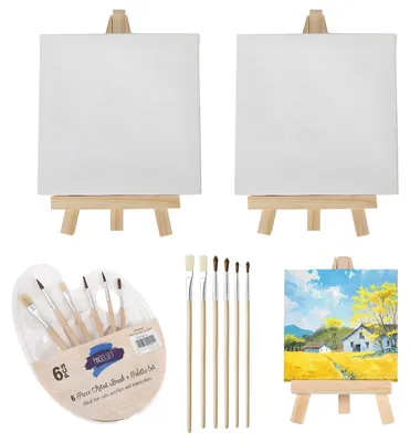 Productafbeelding van Miniature schildersezelset - 2 stuks, 8x15 cm houten tafelruiters met 10x10 cm canvasdoeken en een set penselen - Voor schilderen en presenteren