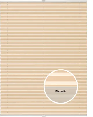 A pleated blind is shown, with a close-up inset highlighting the back side and texture.