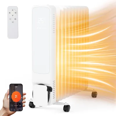 Productafbeelding van Izrielar olie radiator, 2500W, 11 ribben, met LCD-display, touchscreen, WiFi-app en afstandsbediening. Mobiele olie radiator met 24-uurs timer, verwarming, thermostaat en oververhittingsbeveiliging. Wit