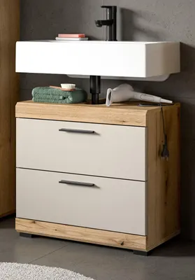 Produktbild von Waschbeckenunterschrank "Shawn" in Sand Kashmir und Evoke Eiche Badezimmer Unterschrank 60 cm