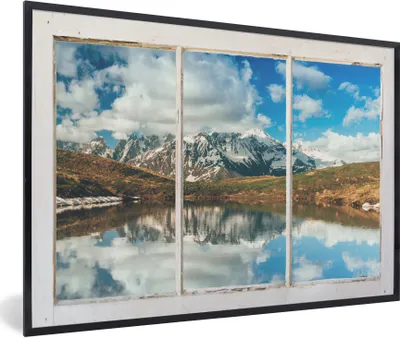Produktbild von MuchoWow® Gerahmtes Poster Aussicht - Berge - Wasser 90x60 cm - Poster mit Schwarzem Bilderrahmen Wandposter Rahmen Foto Bilder - Fotorahmen - Foto-Plakat