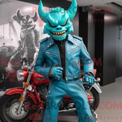 Immagine prodotto di Personaggio mascotte REDBROKOLY del diavolo turchese vestito con una giacca da motociclista e cavigliere