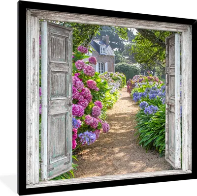 Produktbild von MuchoWow® Gerahmtes Poster Durchblick - Hortensie - Blumen 40x40 cm - Poster mit Schwarzem Bilderrahmen Wandposter Rahmen Foto Bilder - Mit Rahmen - Wanddekoration Schlafzimmer