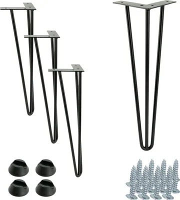 Obrázek produktu pro Sada 4 nábytkových nohou Hairpin, výška 41 cm, 3 tyče, matná černá s plastovými kluzáky, ideální pro průmyslový a moderní nábytek.
