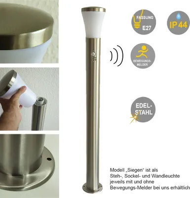 Produktbild von Hochwertige Edelstahl Außen-Steh-Wege-Leuchte-Lampe SIEGEN mit Bewegungsmelder E27