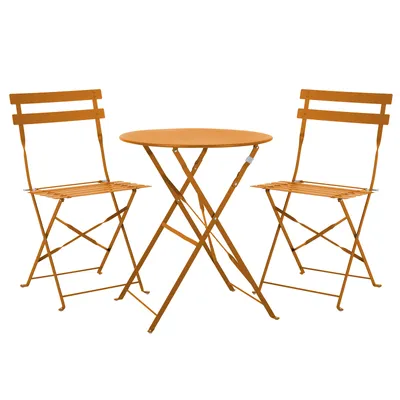 A metal bistro set with a round table and two chairs, presented on a white background.