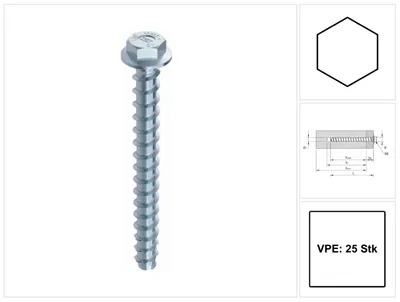 Produktbild von HECO MULTI MONTI plus SS Schraubanker 10,0 x 60 mm 25 Stück ( 48439 ) Betonschraube Sechskantkopf mit angepresster Scheibe HP-beschichtet