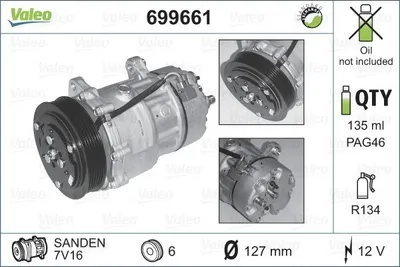 Produktbild von VALEO 699661 SD7V16 Klimaanlage Klimakompressor PAG 46 R134a für VW Transporter IV Bus (70B, 70C, 7DB, 7DK, 70J, 70K, 7DC, 7DJ)