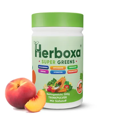Image de Herboxa SUPER GREENS - Poudre détoxifiante aux bienfaits des légumes verts - Contient de la racine de chicorée et du zinc - Saveur pêche glacée - 50 portions