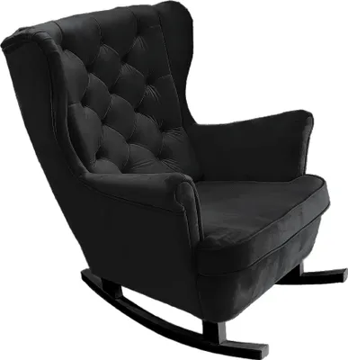 A black rocking armchair with tufted backrest and armrests, shown against a white background.