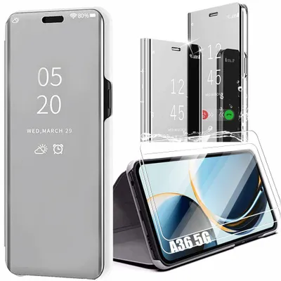 Image de Coque + 2 Verres Trempés pour Samsung Galaxy A36 5G - Effet Miroir Fenêtre Tanslucide Protection Renforcée Argenté