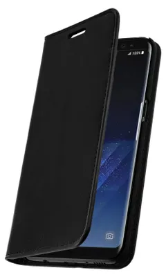 A black flip-style phone case for a Samsung Galaxy S8 Plus is shown against a white background. The case is partially open, revealing the phone screen.