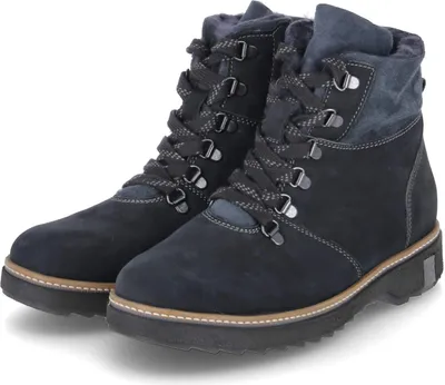 A pair of navy blue hiking-style boots.