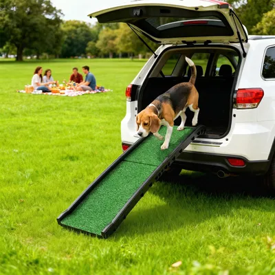 Produktbild von Hunderampe klappbar, rutschfest Kunstrasenoberfläche, Einstiegshilfe Hundetreppe, Schwarz | 155 x 38,5 cm | bis 90 kg | faltbar mit Tragegriff