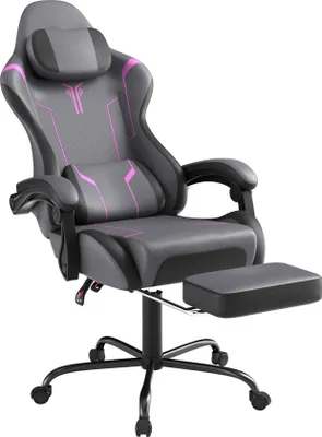 Image de LARS360 Gris-Violet Gaming Chair Chaise de bureau ergonomique avec massage Coussin lombaire Appuie-tête et repose-pieds Réglable en hauteur Chaise gamer confortable Velours
