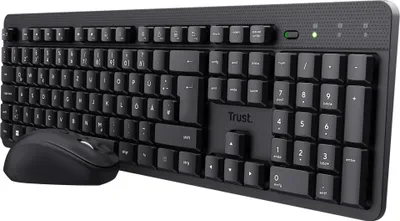 Produktbild von Trust ODY II Leise Tastatur Maus Set Kabellos Deutsches QWERTZ Layout, Flachen Tasten, Beidhändig Funkmaus 800-1600 DPI, Spritzwassergeschützt, EIN USB-Empfänger, für PC Computer Laptop Mac - Schwarz