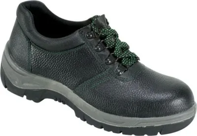A black work shoe with green laces is shown against a white background.
