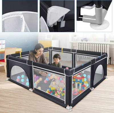 Zdjęcie produktu dla LARS360 kojec 150 x 180 cm z antypoślizgową podstawą, przenośny namiot do zabawy i bramka bezpieczeństwa z piłeczkami morskimi i torbą - Czarny