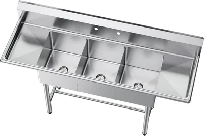 Immagine prodotto di Lavello SucceBuy con tre vasche, due sgocciolatoi e paraspruzzi, lavello da cucina (1678 x 558 x 1097 mm), adatto per ristoranti, furgoni gastronomici e uso privato, in acciaio inossidabile