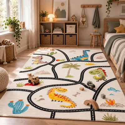 Produktbild von Kinder Teppich Maui Kids Dino Straßenteppich Bunt, Größe:200x290 cm, KI-generiertes Bild