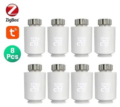 Zdjęcie produktu dla Inteligentny termostat grzejnikowy - zawór termostatyczny ZigBee - sterowanie przez aplikację Tuya - kompatybilny z Alexa i Google Home - 3,7V - zestaw 8 sztuk