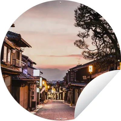 Produktbild von MuchoWow® Gartenposter Outdoor-Poster Rund Sonnenuntergang über den japanischen Straßen von Gion in Kyoto Ø 150 cm Gartendeko Rundes Poster draußen