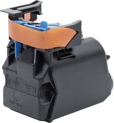 A black toner cartridge with orange and blue plastic components.
