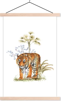 Produktbild von MuchoWow® Textilposter Tiger - Pflanze - Bild 60x90 cm mit holzfarbenen Rahmen - Textil