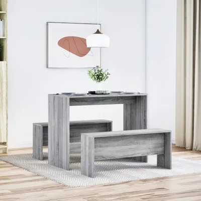 Produktbild von (Design 2026） 3-tlg. Esstisch und Bank Set Grau Sonoma Holzwerkstoff - HOMMIE 514685 - Esszimmer