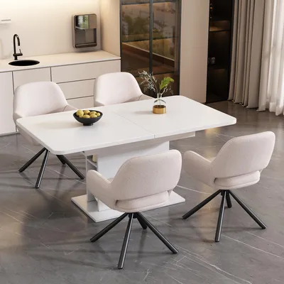 Productafbeelding van Draaibaar, gemaakt van Sherpa-stof, set van 4, met armleuningen, modern en eenvoudig design, eetkamerstoel, wit