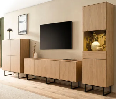 Produktbild von Wohnwand "Breda" in Stone Eiche Wohnkombination 3-teilig 400 cm, mit Push-to-Open und inklusive Beleuchtung