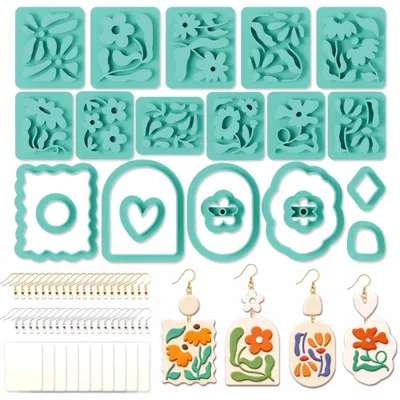 Productafbeelding van Set van 21 uitsteekvormen voor bloemen, geschikt voor polymeerklei - sieradenuitsteekvormen met oorbellenaccessoires voor doe-het-zelf knutselprojecten
