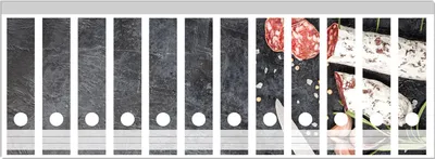Produktbild von Wallario Ordnerrücken Sticker, selbstklebend für breite Ordner, 12 Stück, Motiv Salami, Rosmarin und Knoblauch