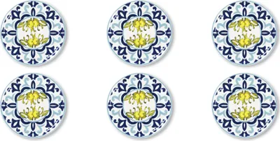 Six round plates with a blue and white patterned design and a yellow floral motif in the center, arranged in two rows of three.