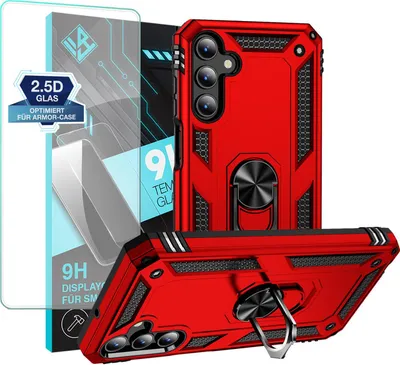 A red phone case and screen protector are displayed with marketing text.