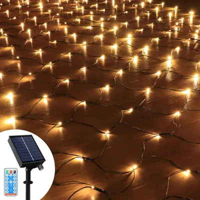 Produktbild von 3x2M 204 LED Solar Lichternetz Lichtervorhang 8 Lichtmodi Außen Party Garten Lichterkette mit Fernbedienung, Warmweiß