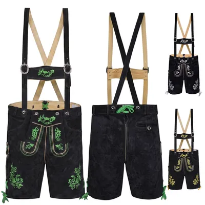 Produktbild von Kurze Trachten Lederhose mit Hosenträger Trachtenhose Schwarz mit Stickerei, Größe:52/L, Farbe:Grün