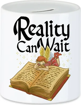Produktbild von Reality can wait Spardose Bücherliebhaber Fantasy Bookworm Lesen macht Spaß Märchenfigur Elfe Fee Buch