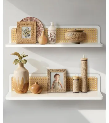 Immagine prodotto di Set di 2 mensole a parete, colore bianco, stile boho, decorazione in rattan, dimensioni 60 cm x 15 cm