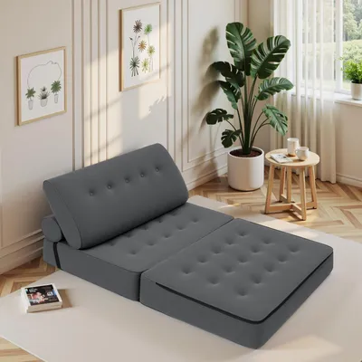 Obrázek produktu pro Futonová rozkládací pohovka - Rozkládací pohovka jako postel - Rozkládací křeslo - Rozkládací futon - Barva: šedá