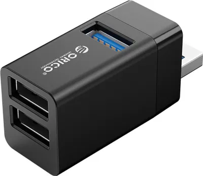A black ORICO USB hub with multiple USB ports and a USB-A connector is shown against a white background.