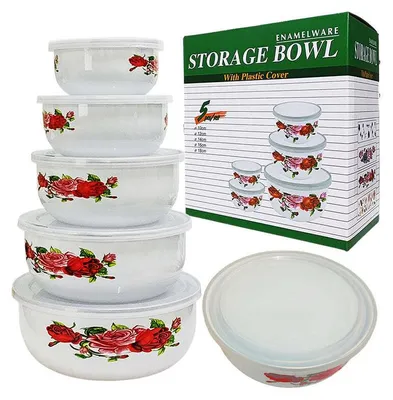 Produktbild von Emaillierte Schüssel-Set (5-teilig) mit Kunststoffdeckel, Ø10, 12, 14, 16, 18 cm