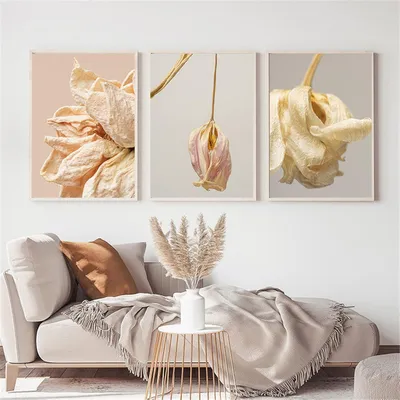 Productafbeelding van Set van 3 wanddecoraties met bloemenmotief, beige kleur, formaat 40 x 50 cm, zonder lijst