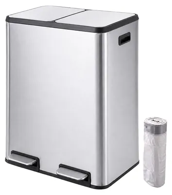 Productafbeelding van Relaxdays Vuilnisbak, 2 compartimenten, 2x30 liter, uitneembare binnenbakken, soft-close deksel, voetpedaal, roestvrij staal, afvalbak voor de keuken, zilverkleurig, AI-gegenereerde afbeelding