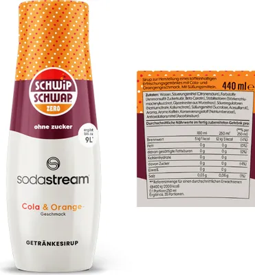 A bottle of SodaStream syrup and a nutritional information label.
