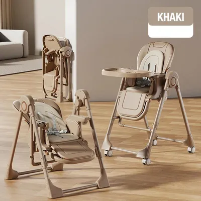 Image de Siège haut pour enfant 3-en-1 – chaise haute et fauteuil à bascule – réglage de la hauteur sur 5 positions – plateau amovible en 2 parties – pliable – rembourré – roulettes pivotantes verrouillables – couleur kaki