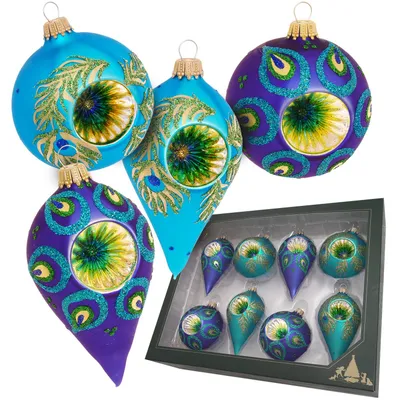 Produktbild von Krebs Glas Lauscha Reflexsortiment Kugeln & Tropfen - 8er Set im Pfau-Design - ca. 7-10cm